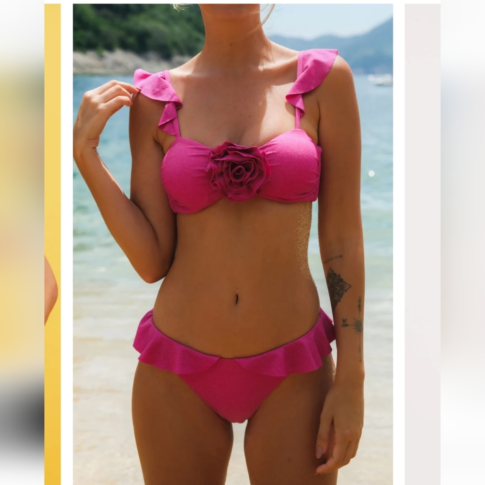 Beach Riot Hot Pink Glitter Ruffle Bikini Set - Picture 2 of 7